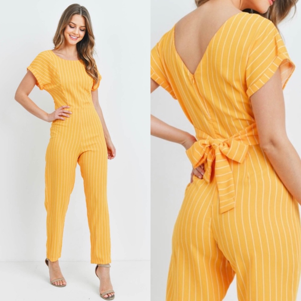 Yellow Pinstriped Short Sleeve Women’s Jumpsuit
